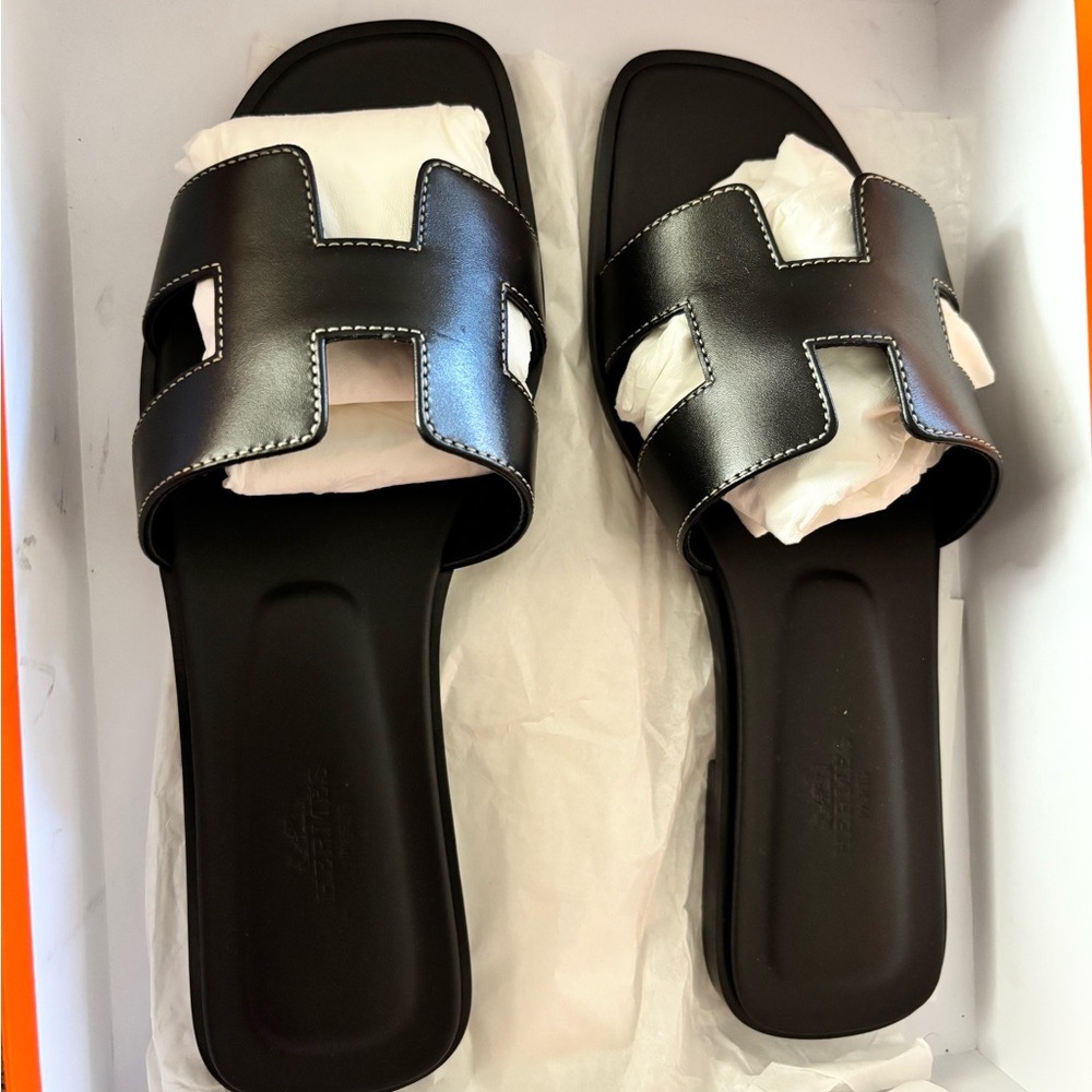 Hermes Black Slide Sandals with Iconic H Design